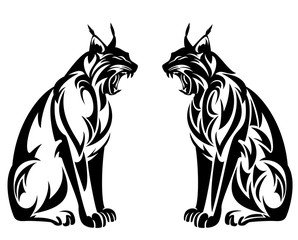 wild lynx roaring - sitting bobcat black and white vector tribal design