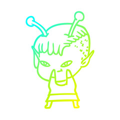 cold gradient line drawing cute cartoon alien girl