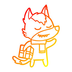 warm gradient line drawing friendly cartoon wolf carrying christmas present