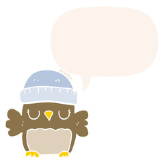 cute cartoon owl in hat and speech bubble in retro style