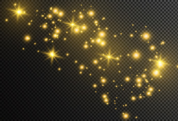 Dust white. White sparks and golden stars shine with special light. Vector sparkles on a transparent background. Christmas abstract pattern. Sparkling magical dust particles.