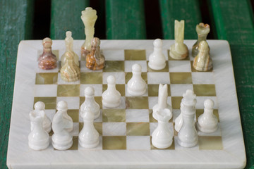 White and black chess pieces on the board. Dedicated to International Chess Day.