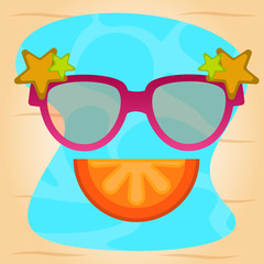 Sumer vacation poster with a sunglasses, orange cut and starfishes on a sea landscape - Vector