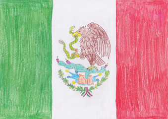 national flag of Mexica drawn on paper with colored pencils as a children's drawing