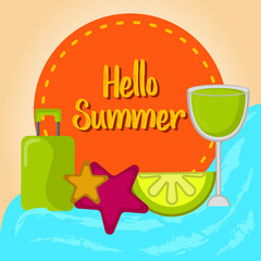 Summer vacation poster with a travel bag, starfishesm and lemon cocktail on a seashore - Vector