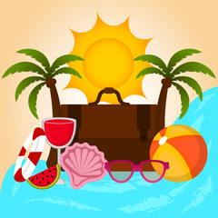 Summer vacation image with a beach objetcts, sun and vintage travel bag on a seashore - Vector