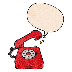 cartoon old telephone and speech bubble in retro texture style