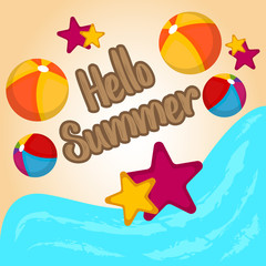 Fototapeta na wymiar Summer vacation poster with a beach balls and starfishes on a seashore - Vector