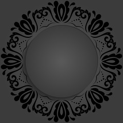 Round frame with floral elements and arabesques. Pattern with dark arabesques. Fine greeting card