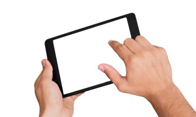Human hands Holding digital tablet with blank screen isolated on white