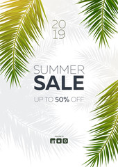 Obraz premium Sale banner with Summer Tropical palm leaves. Exotic palms tree. Floral Background.
