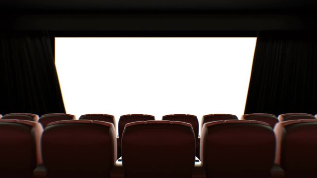 Cinema Hall Moving Through Over the Seats to the Opening Curtain and Screen. Beautiful 3d Animation with Lights, Green Screen and Tracking Points. Art and Technology Concept. 4k Ultra HD 3840x2160