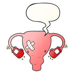 cartoon beat up uterus and boxing gloves and speech bubble in smooth gradient style