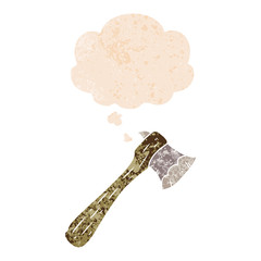 cartoon axe and thought bubble in retro textured style