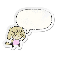 cartoon dog girl pointing and speech bubble distressed sticker