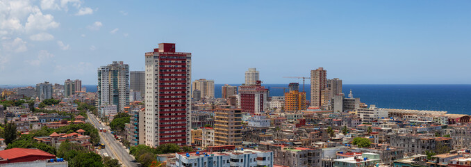 Aerial Panoramic view of the residential neighborhood in the Havana City, Capital of Cuba, during a bright and sunny day.