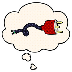 cartoon electrical plug and thought bubble in comic book style