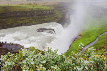 Gullfoss waterfall, amazing nature, Icelandic summer landscape. Scenic top view of falling water in...