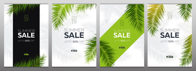 Set of Sale banners with Summer Tropical palm leaves. Exotic palms tree. Floral Background.