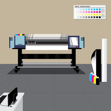 Retro color large printer with explain text. This machine so important for printing industry and advertising such as Banner or Signage, in and outdoor.