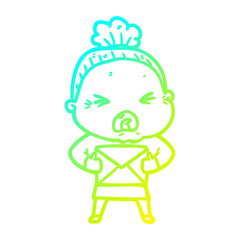 cold gradient line drawing cartoon angry old woman