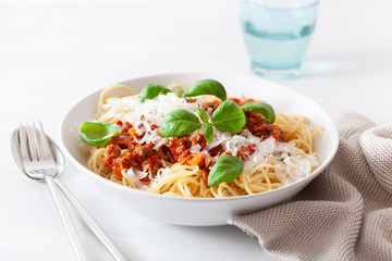 spaghetti bolognese with basil and parmesan, italian pasta