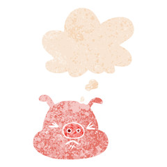 cartoon angry pig face and thought bubble in retro textured style