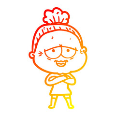 warm gradient line drawing cartoon happy old lady