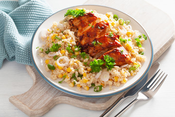 roasted bbq chicken with couscous sweetcorn onion, healthy lunch