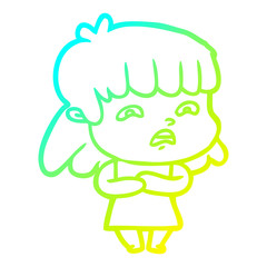 cold gradient line drawing cartoon worried woman