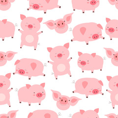 Seamless kawaii pattern cheerful little cute pigs, in different poses, in white background. Funny cartoon animals vector illustration.