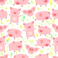 Cute seamless pattern with heerful little fun pigs, in various poses, on the floral glade, isolated white background. Funny cartoon animals vector illustration.