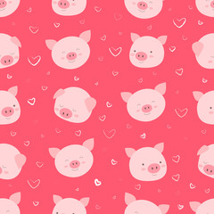 Seamless pattern with happy, funny faces of pigs, against the background of hearts, isolated pink background. Funny cartoon animals vector illustration.