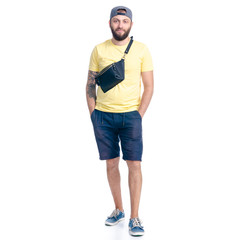 Fototapeta premium Man in shorts and cap standing happiness smiling on white background isolation