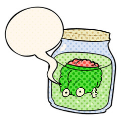 cartoon spooky brain floating in jar and speech bubble in comic book style