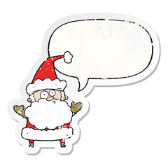 cartoon confused santa claus shurgging shoulders and speech bubble distressed sticker