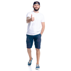 Man in shorts and cap standing happiness smiling on white background isolation