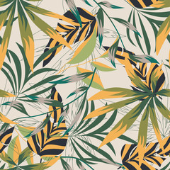 Abstract seamless pattern with colorful tropical leaves and plants on beige background. Vector design. Jungle print. Floral background. Printing and textiles. Exotic tropics. Bright design.