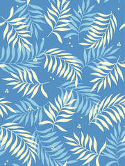 Tropical leaves seamless pattern on light blue background. Vector illustration.