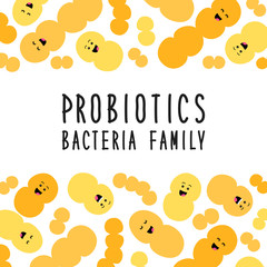 Fototapeta premium Funny probiotics bacteria family background isolated on white, gut and intestinal flora, set in flat style