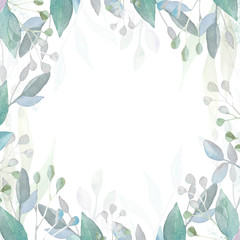 Fototapeta na wymiar Square herbal frame. Watercolor leaves and branches. Design for invitations and postcards