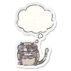 cute cartoon cat and thought bubble as a distressed worn sticker
