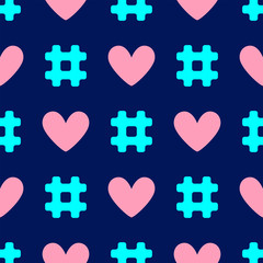 Colorful seamless pattern with repeating hashtags and hearts.