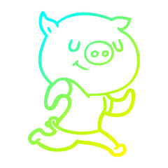 cold gradient line drawing happy cartoon pig running