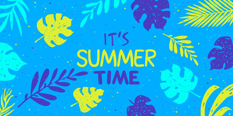 Fototapeta na wymiar Summer background. Tropical leaves on a blue background. Vector illustration.