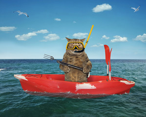 The cat underwater hunter in uniform with a speargun is dfifting in the red plastic boat in the sea. - obrazy, fototapety, plakaty