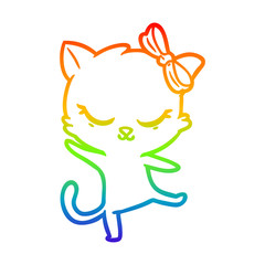 rainbow gradient line drawing cute cartoon cat with bow