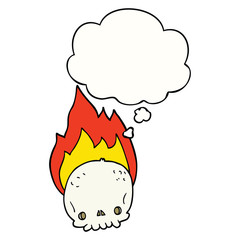 spooky cartoon flaming skull and thought bubble