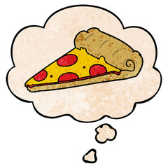 cartoon pizza slice and thought bubble in grunge texture pattern style