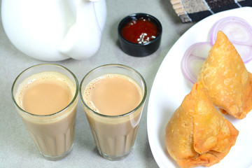 Samosa served with traditional Indian tea